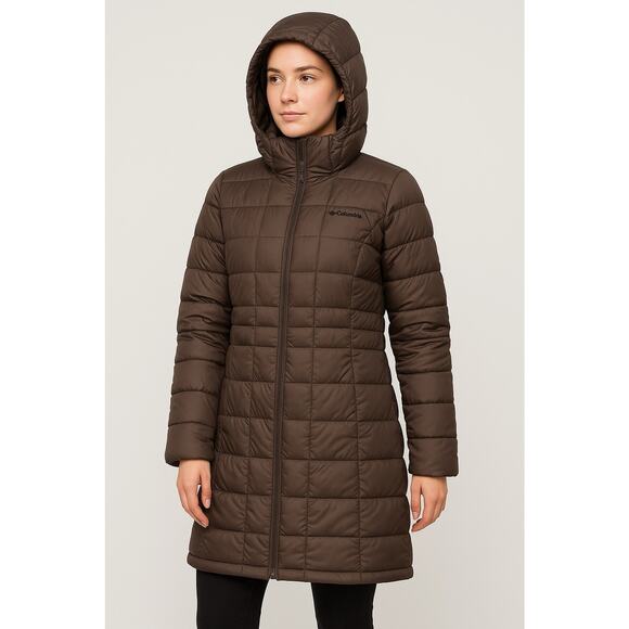 Columbia Jackets & Blazers - Columbia Omni-Heat Down Long Hooded Jacket Women L Brown Puffer Coat Warm